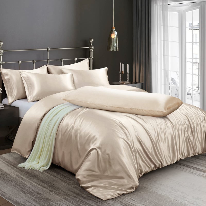 Ersmak 6 Pieces Satin Duvet Cover Full/Queen Size Luxury Silky Bedding Duvet Cover Set with 1 Soft Duvet Cover  4 Queen Pillowcases and 1 Body Pillowcase  Beige - Image 1